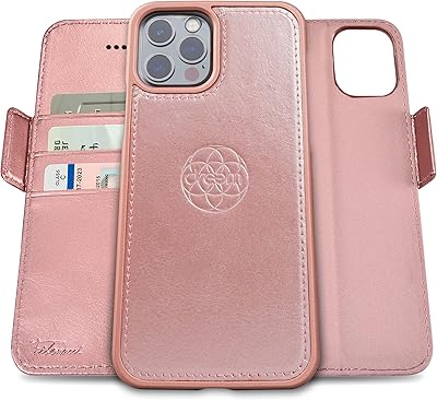 Dreem Fibonacci 2-in-1 Wallet Case for Apple iPhone 13 Pro - Luxury Vegan Leather, Magnetic Detachable Shockproof Phone Case, RFID Card Protection, Magsafe Compatible - Rose