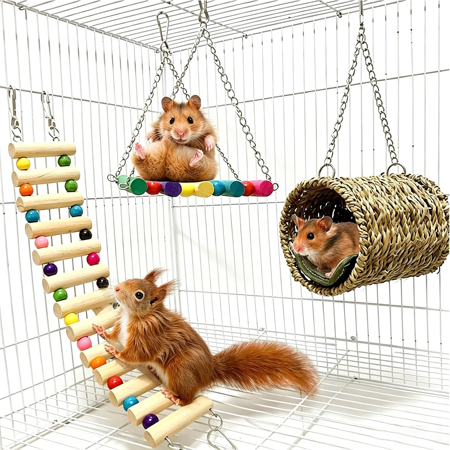 Hamiledyi Hamster Hanging Hammock 3 Piece Wooden Rat Ladder Swing Set Cage Clmbing Toys Accessories for Syrian Hamster Sugar Glider Bird Mice Playing Sleeping