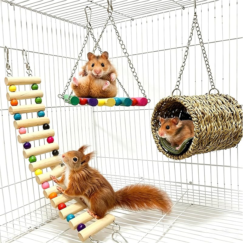 Kit de Brinquedos para Pequenos Animais com Escada, Balanço e Rede de Madeira Hamiledyi, 3 Peças