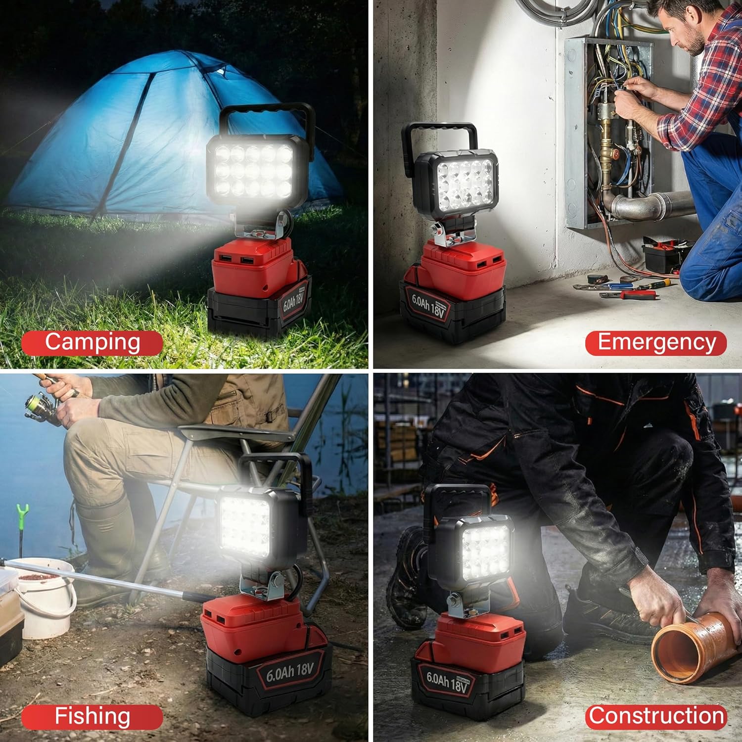 2pcs Cordless Work Light Compatible with Milwaukee 18V Battery.58W 4800LM Wide Beam Flood Light with Two USB Charging Port Flashlight for Emergency,Workshop,Garage.(No Battery)