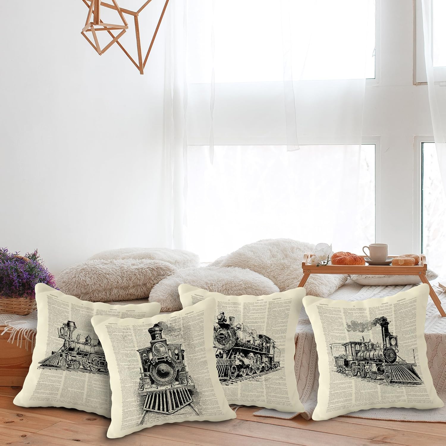 SiuSue (RB) Vintage Drawing Train Locomotive Throw Pillow Case, Train Themed Room Decor, 18 x 18 Inch Set of 4, Gift for Train Lover, Train Enthusiast Gift, Train Cushion Cover for Sofa Couch Bed