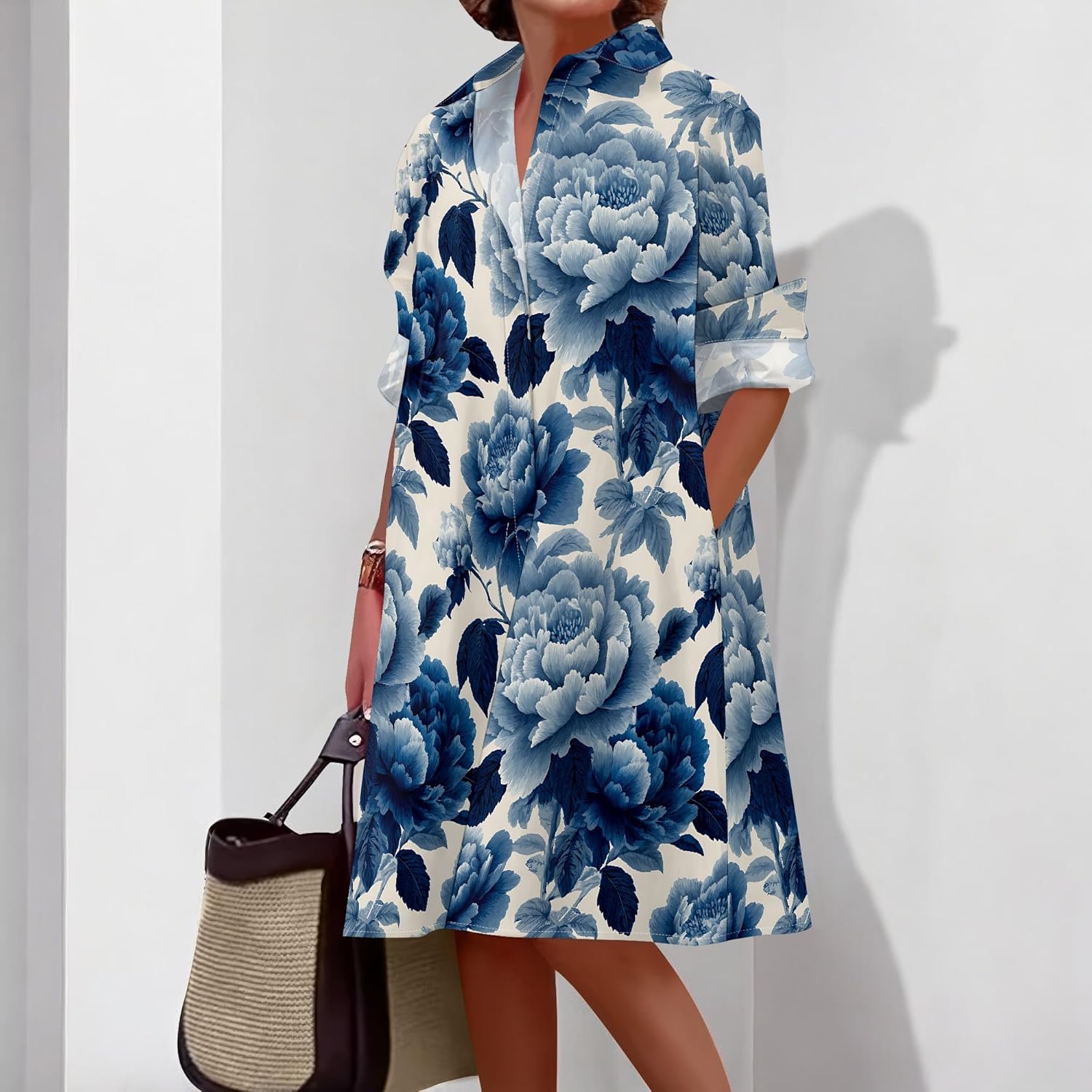 Shirt Dresses for Women 2025 Summer Long Sleeve Casual Plus Size Floral Printed Beach Vacation Dress with Pockets - Image 2