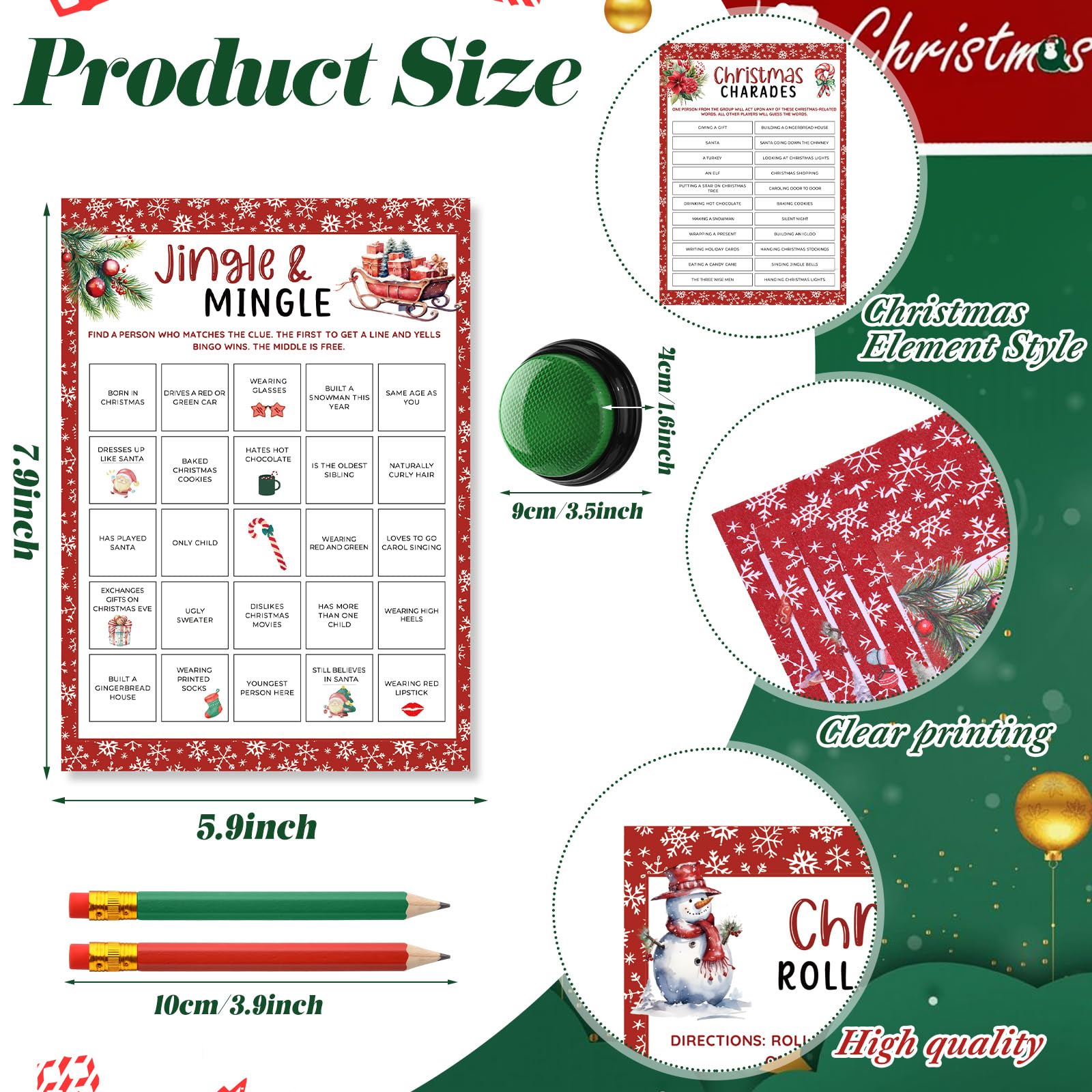 Fullhawl 124 Stück Weihnachts-Quiz-Spielkarten für Familie mit 102 Quiz-Antwortkarten, 2 Spiel-Summern, 20 Weihnachtsstiften, Erwachsenengruppe, Weihnachtsfest, Ratespiele, Urlaub, Partyzubehör