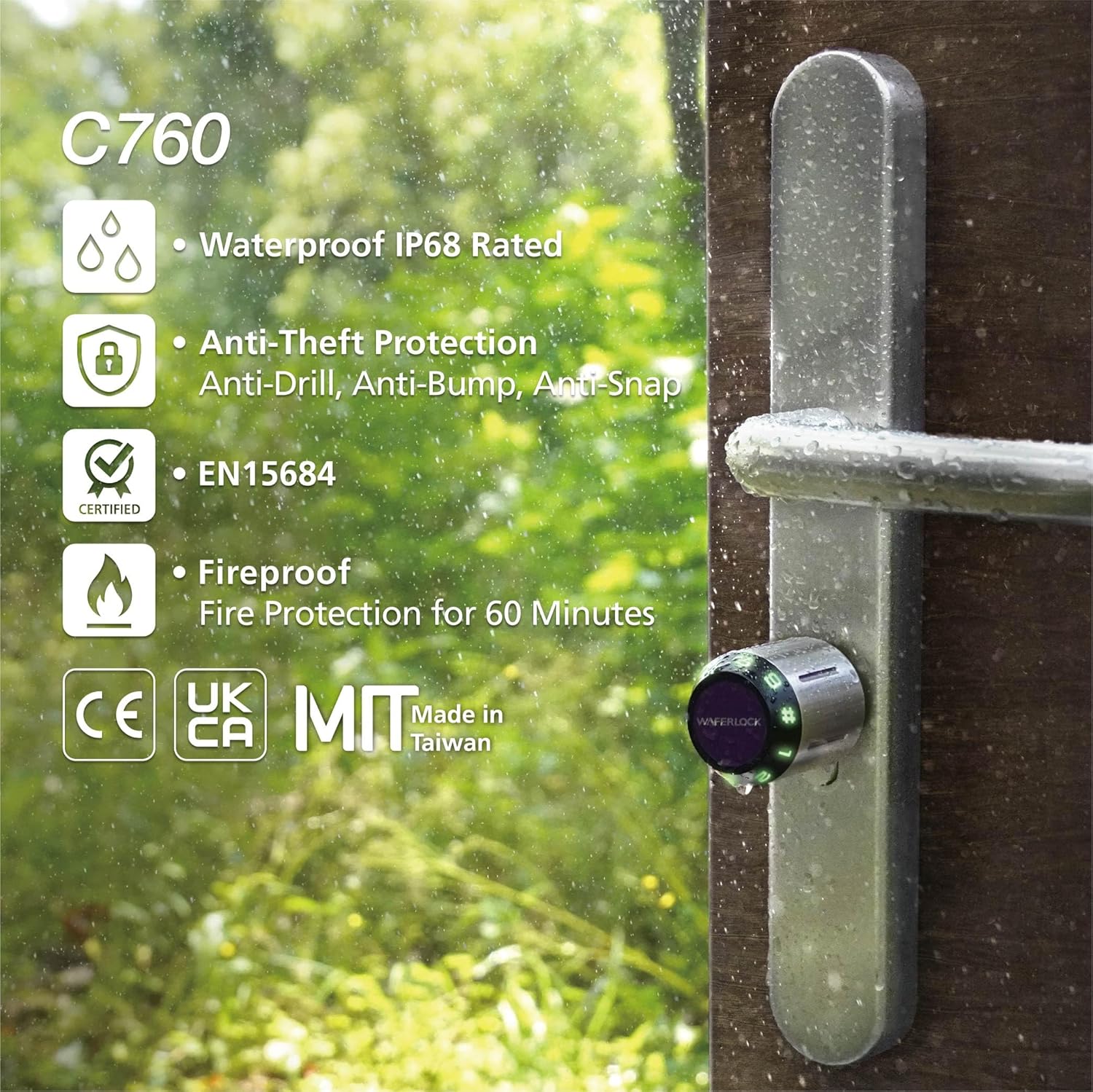 WAFERLOCK C760 Smart Lock  European Cylinder with App, Bluetooth, RFID and PIN | IP68, Fire and Drill Resistant | EN15684 Certified | 35/3550 mm (7085 mm) | Nickel