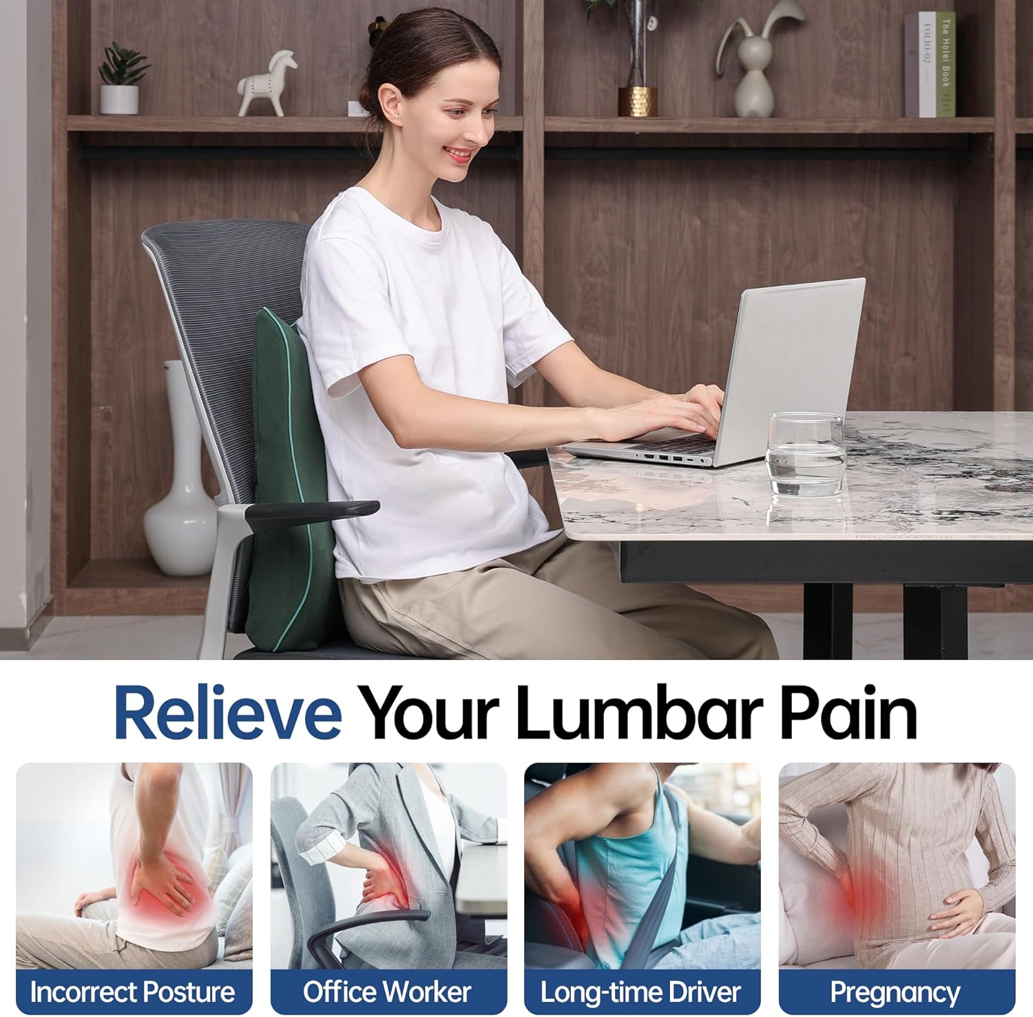 Lumbar Support Pillow for Office Chair, Back Support Pillow with Memory Foam, Relieves Back Pain, Removable Washable Cover & Adjustable Strap, for Car/Gaming Chair,Gift-Dark Green