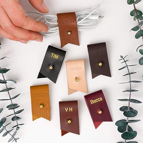 Miniatura 5 de KEYAIIRA - Set of 3 Personalized Leather Cable Cord Holders with Gold Closure - Laptop Charging Cord Keeper, Earbud Wire Organizer Customized