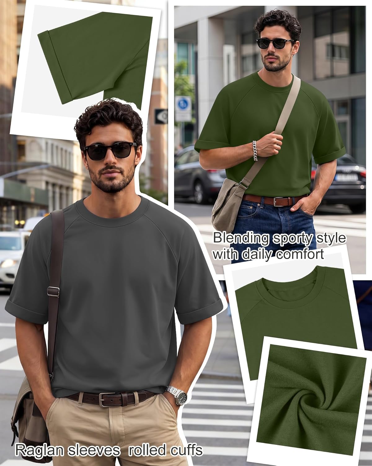 4 Pack Mens T-Shirts Casual Oversized Summer Shirts Short Sleeve Raglan Tees Stylish Street Style Loose Tops