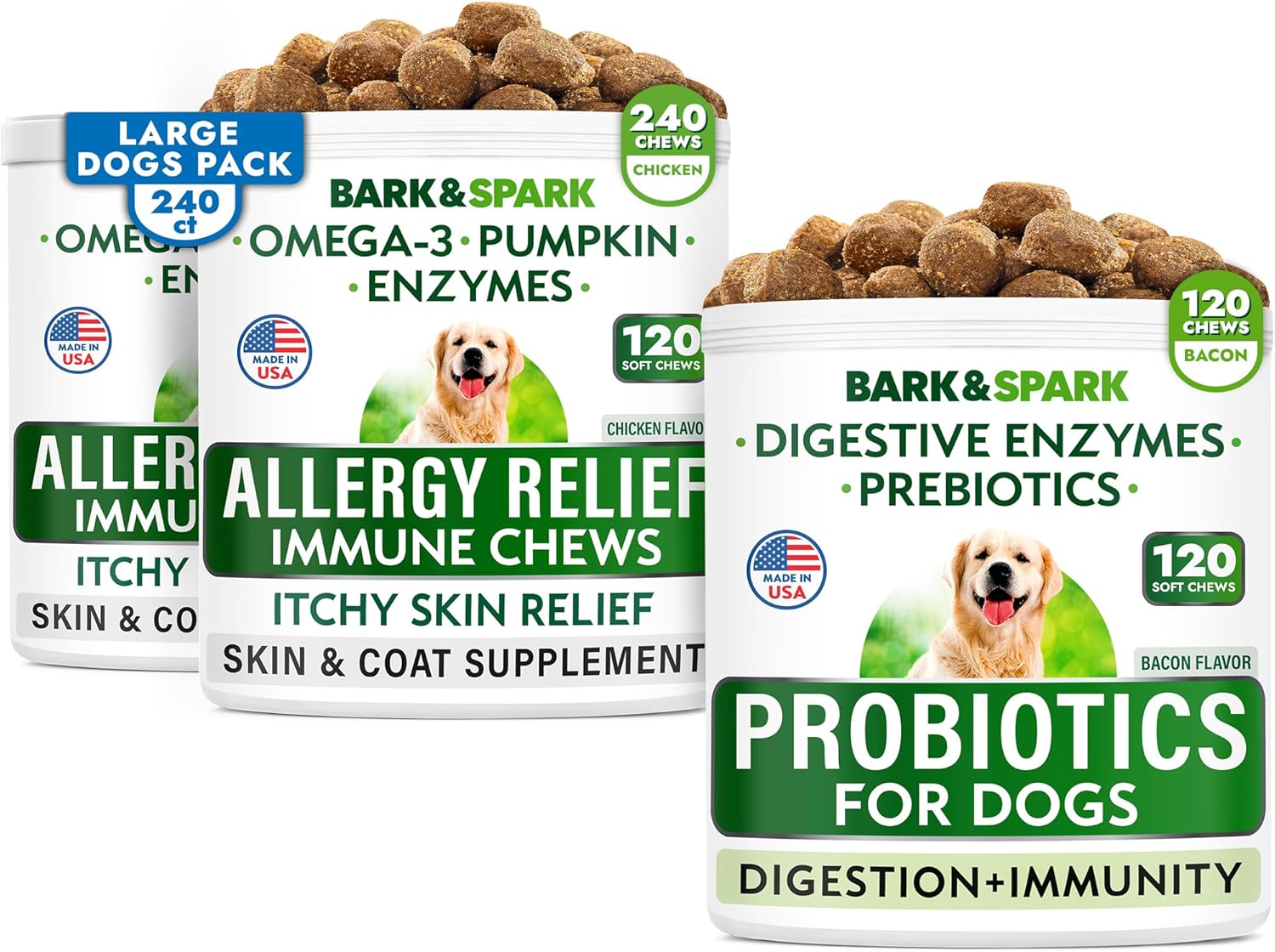 Allergy Relief + Probiotics & Digestive Enzymes for Dog - Allergies & Itchy Skin + Gut Health - Pet Diarrhea Gas Treatment, Upset Stomach Relief Pills, Digestion Health Prebiotic Supplement