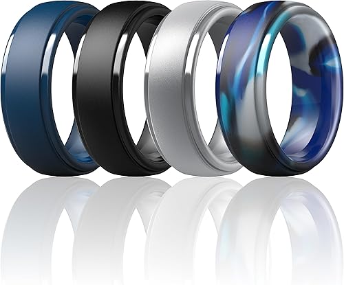 Miniatura 51 de ThunderFit Anillos de boda de silicona para hombre, 0.394 in de ancho y 0.098 in de grosor, paquete múltiple de variedad 1-7 Pack A: Negro