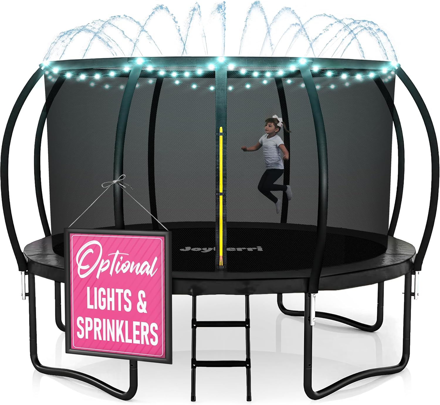 JoyBerri Trampoline Outdoor - Upsurge ASTM Certified Safe 8Ft 10Ft 12Ft 14Ft 15Ft 16Ft Recreational Trampoline for Kids and Adults. Anti-Rust Coating with Enclosure Net, Ladder, Sprinkler & LED Lights