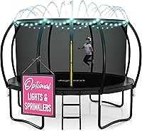JoyBerri Upsurge Outdoor Trampoline 8-16FT ASTM Certified with Net, Ladder, LED Lights & Sprinkler for Kids Adults