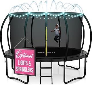 JoyBerri Upsurge Outdoor Trampoline 8-16FT ASTM Certified with Net, Ladder, LED Lights & Sprinkler for Kids Adults