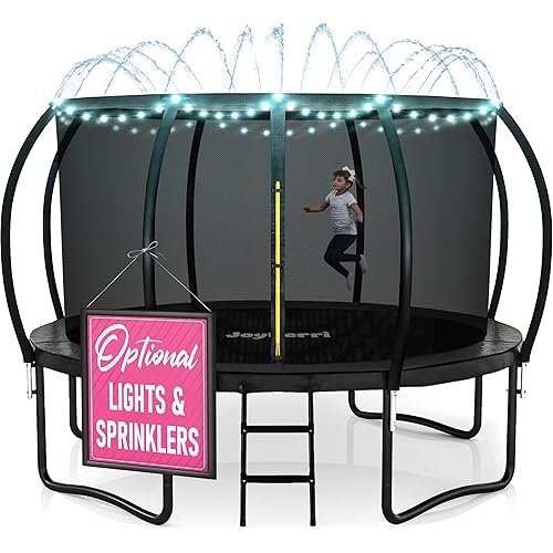 JoyBerri Upsurge Trampoline Outdoor - ASTM Certified Safe 8Ft 10Ft 12Ft 14Ft 15Ft 16Ft Recreational Trampoline for Kids and Adults. Anti-Rust Coating with Enclosure Net, Ladder, Sprinkler & LED Lights