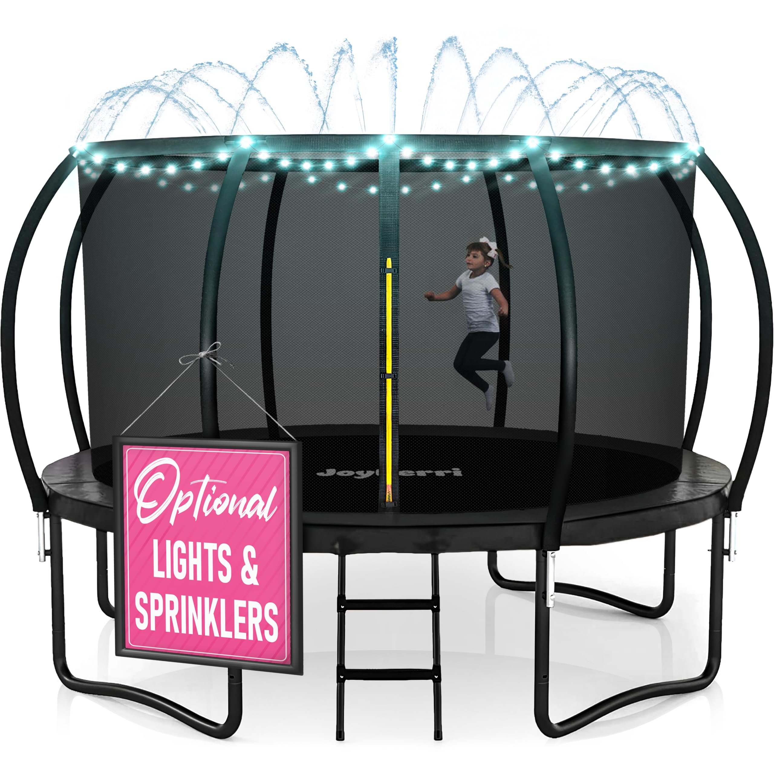 JoyBerri Upsurge Trampoline Outdoor - ASTM Certified Safe 8Ft 10Ft 12Ft 14Ft 15Ft 16Ft Recreational Trampoline for Kids and Adults. Anti-Rust Coating with Enclosure Net, Ladder, Sprinkler & LED Lights