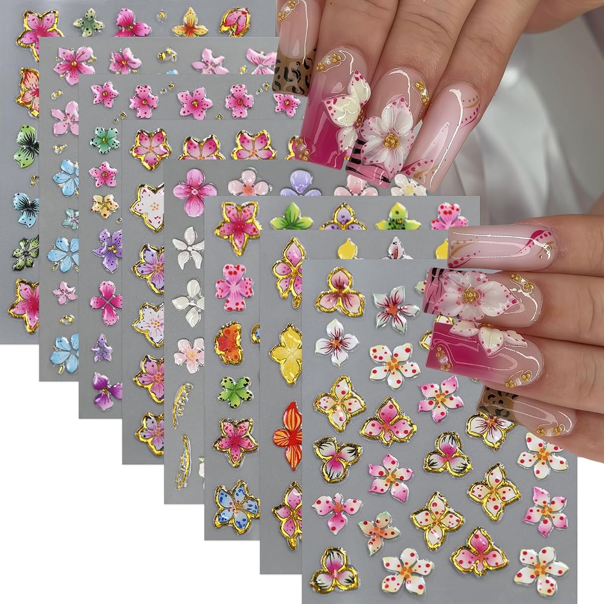 8 Sheets Flower Nail Stickers for Nail Art 5D Embossed Hibiscus Nail Decals Lily Hibiscus Tropical Floral Nail Design Summer Spring Flower Nail Supplies Hawaiian Floral Nail Decoration for Women