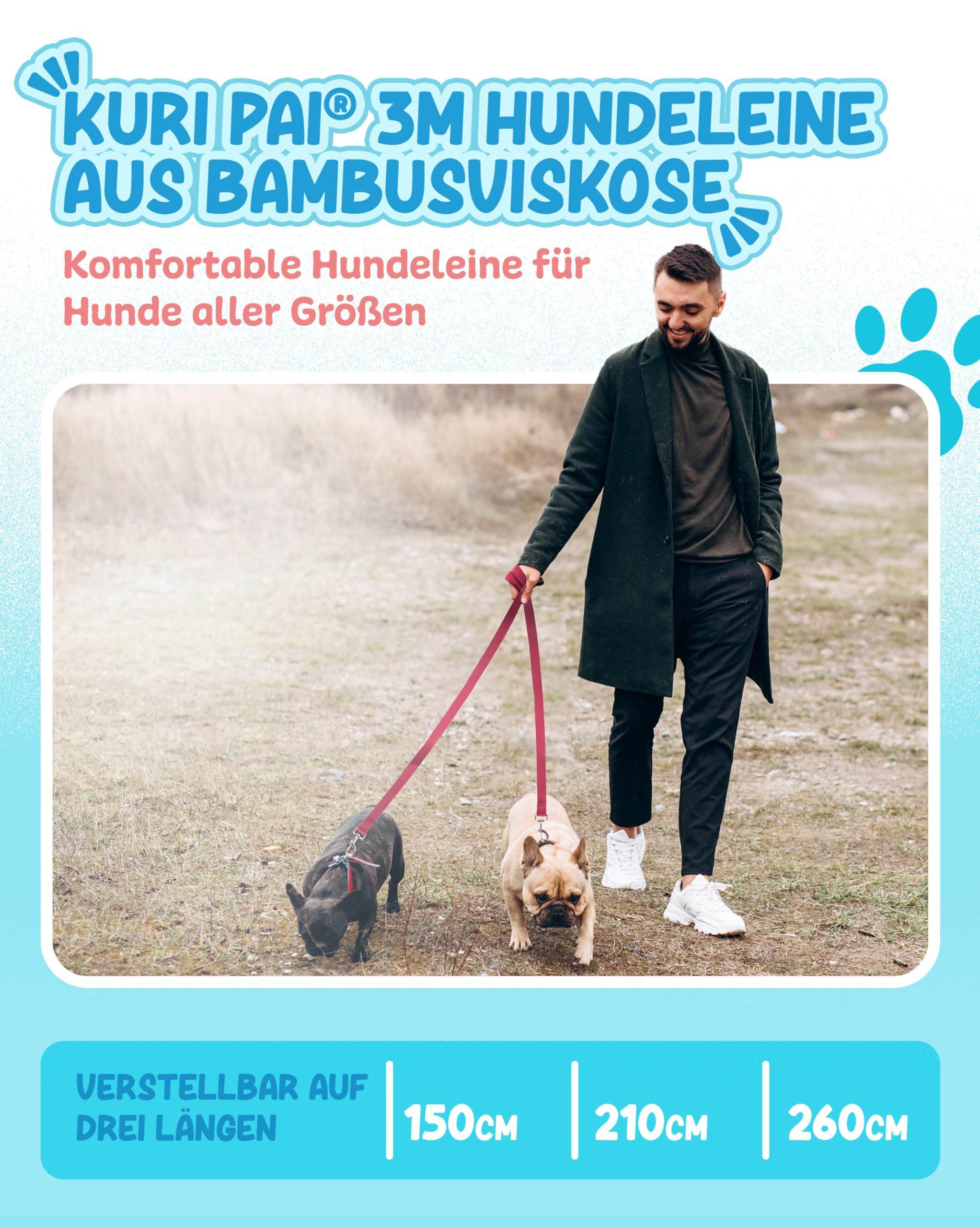 Komfortable Hundeleine 3m | Verstellbare Hundeleine mittelgroße Hunde | Bambusviskose | Strapazierfähig und weich | Perfekt für alltägliche Spaziergänge | M (2.0cm Breit) - Rot