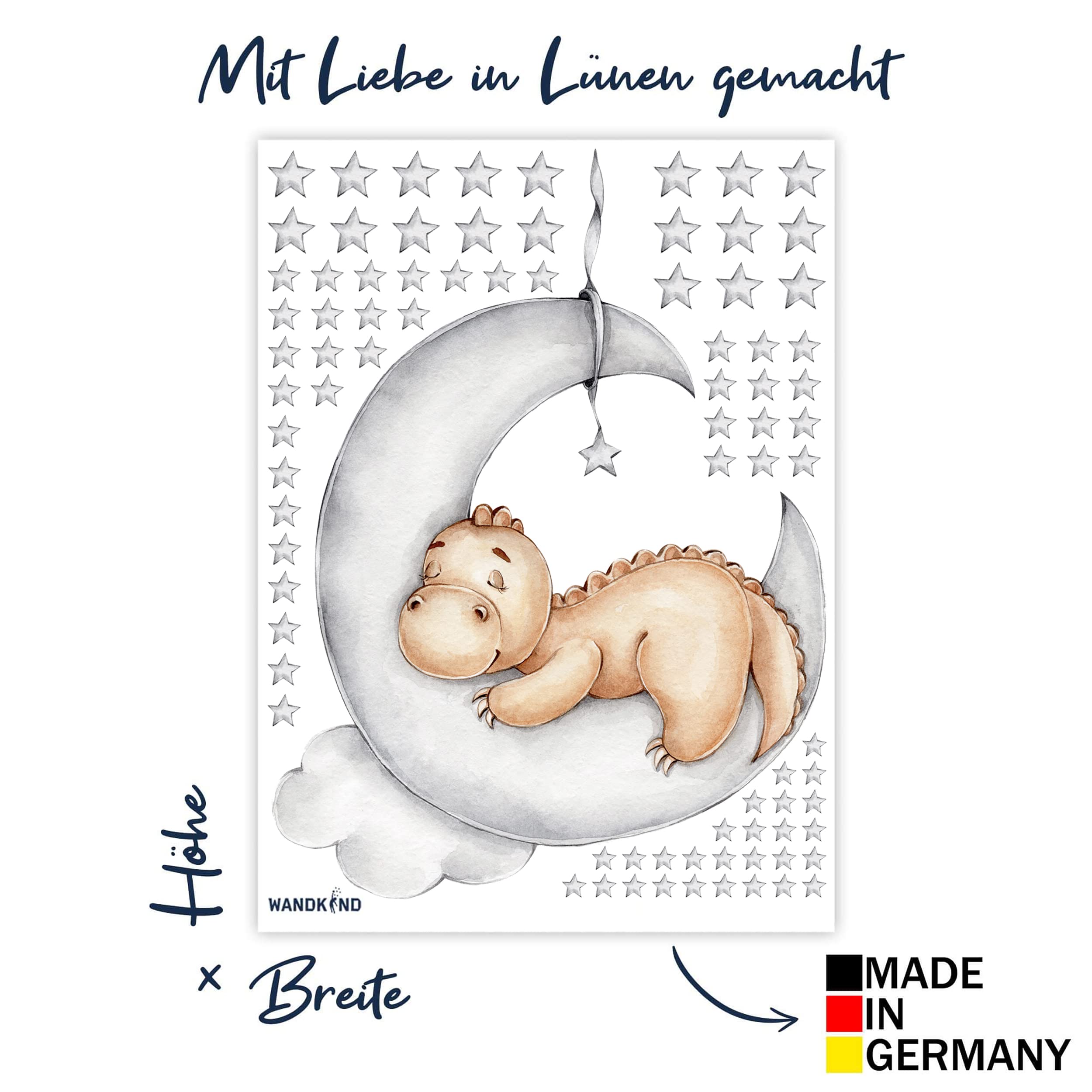WANDKIND Dino auf dem Mond Wandtattoo V323 | handgezeichnet | AUFKLEBER Kindergarten | Wandsticker Kinderzimmer Dinosaurier mit Sterne Wolken Baby Saurier (100 x 132 cm)