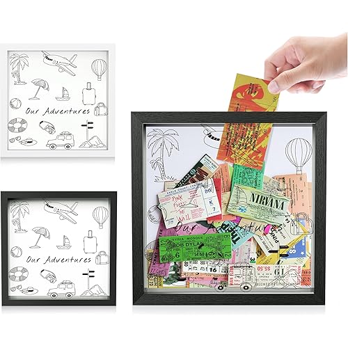 Jackma Travel Tickets Collection Shadow Box Frame, Funny Display Box for Collecting Tickets of Sporting Travelling Events – Piggy Bank Frame Memory Box with Slot on Top, Black 8x8”