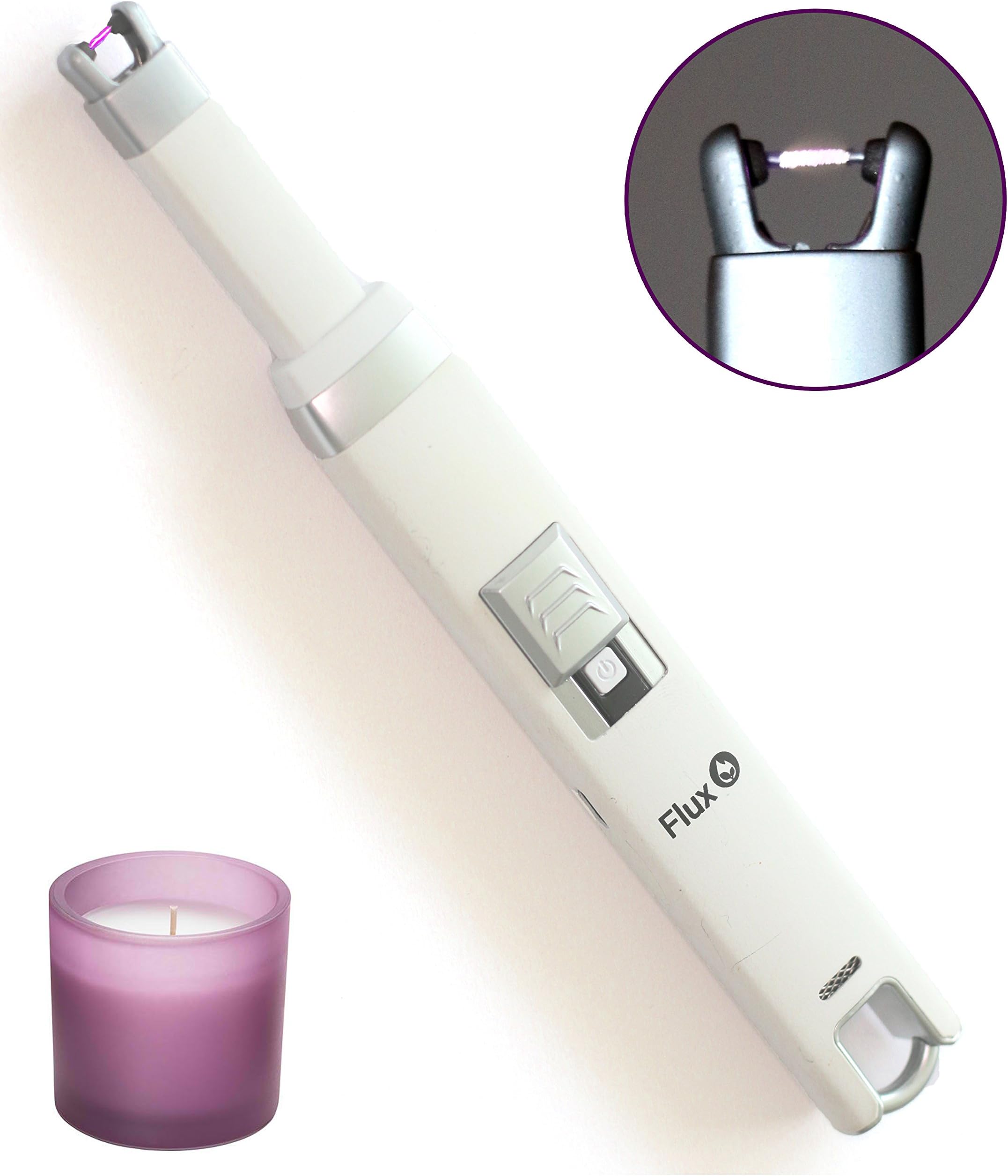 Plasma Candle Lighter, Flux® Electric Arc Lighter, USB Charged - No Fuel - Great Gift for BBQs, Camping or Candles - Windproof - All Electric - 12 Month Warranty - Eco-Friendly - Green Electric Candle Arc Lighter (White)