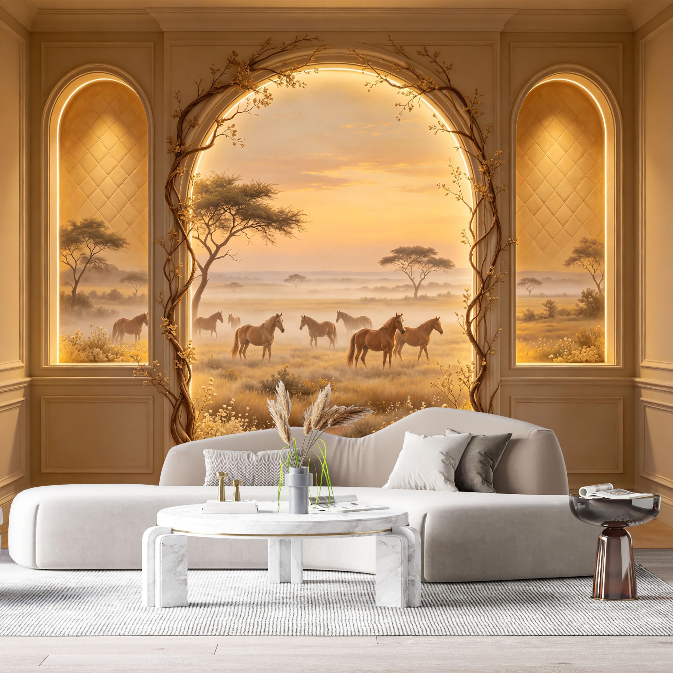 Custom Size Wall Murals Horses Savanna Landscape 3D Trompe L'Oeil SelfAdhesiveWall Fabric Removable Wallpaper Wall Decor for Living Room Bedroom Bathroom