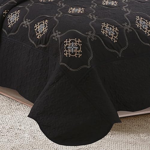 Miniatura 2 de MarCielo Juego de edredón bordado de 3 piezas ligero Emma (negro, California King)