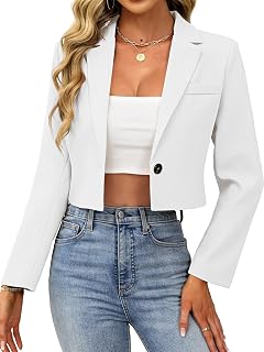 Women’s Cropped Blazer Business Casual Open Front Long Sleeve One Button Jacket