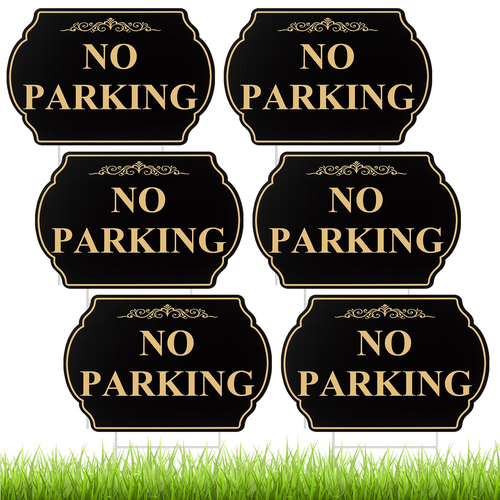 Juexica 6 Pcs No Parking Signs with Stand - 12" x 8" No Parking Yard Sign Double Sided, Heavy-duty Metal, Weatherproof & UV Protected for Driveway, Private Property(Gold Black)