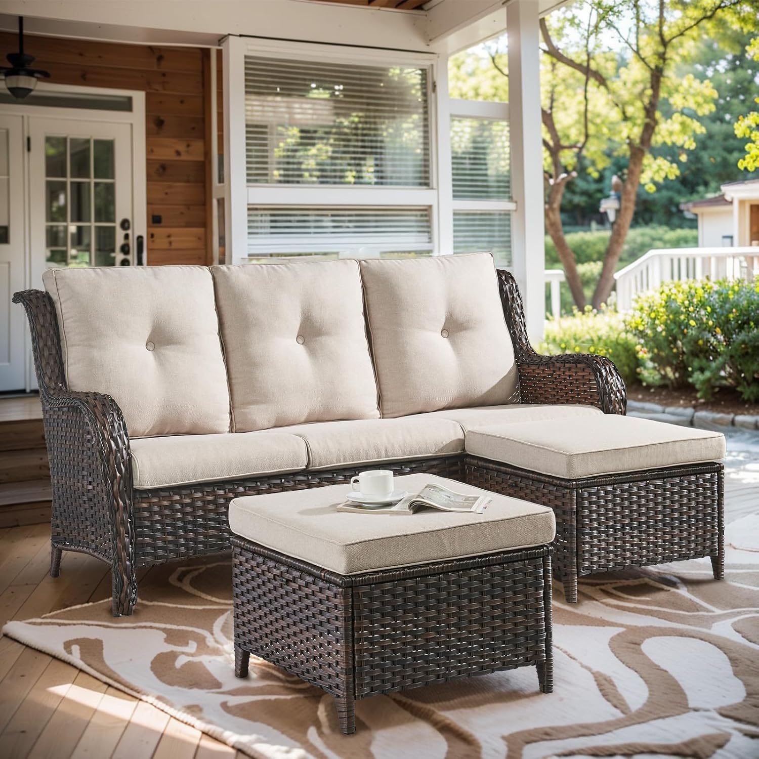 Outdoor Couch All Weather PE Wicker Patio Sofa Outdoor Sofa Deep Seating for Porch Deck Backyard-Yellow/Blue
