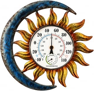 Outdoor Thermometer Hygrometer, 13" Vintage Sun Moon Wall-Mounted Decor