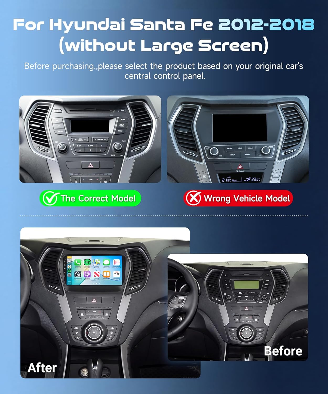 8 Core 4G+64G 5G WiFi Car Stereo for Hyundai Santa Fe 2012-2018 Wireless Carplay Android Auto, 9-Inch 1280P IPS Touch Screen Car Radio with DSP Bluetooth 5.0 Mirror Link GPS Navi+Backup Camera