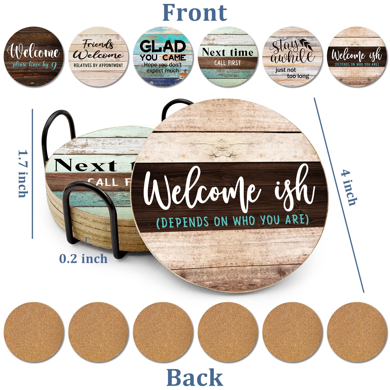 6 posavasos de corcho absorbente sarcástico para bebidas, bar de granja para bebidas con soporte, divertidos posavasos para proteger tu mesa de café, regalo para la decoración de un nuevo 4