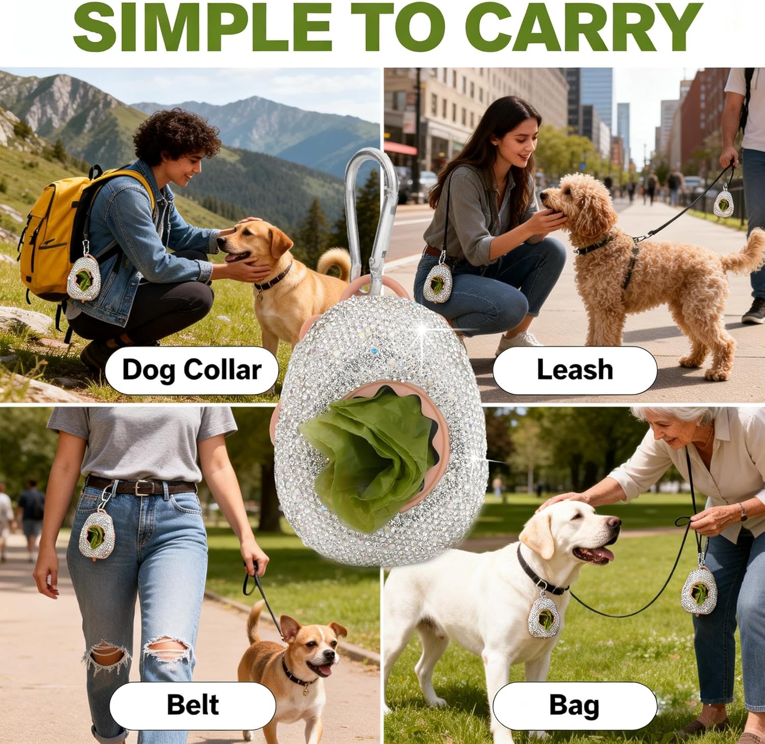 Diamond Rhinestone Dog Poop Bag Holder for Leashes Leak Proof Trash Bag Dispenser with Carabiner Includes 15 Scented Waste Bags Portable Pet Walking Accessories for Dogs Cats Litter