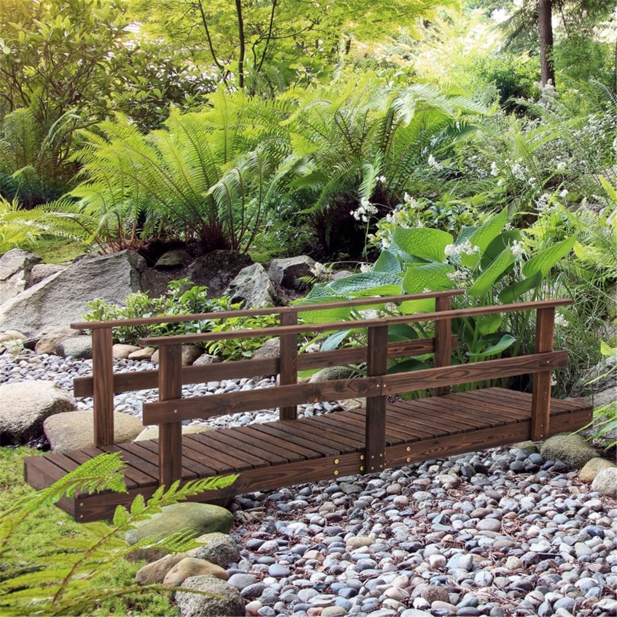 Wooden Garden Bridge Arc Footbridge with Safety Railings,Easy to Assemble,for Outdoors, Backyard, Garden Farm(Stained Wood,84.75" L x 28.75" W x 21.75" H)