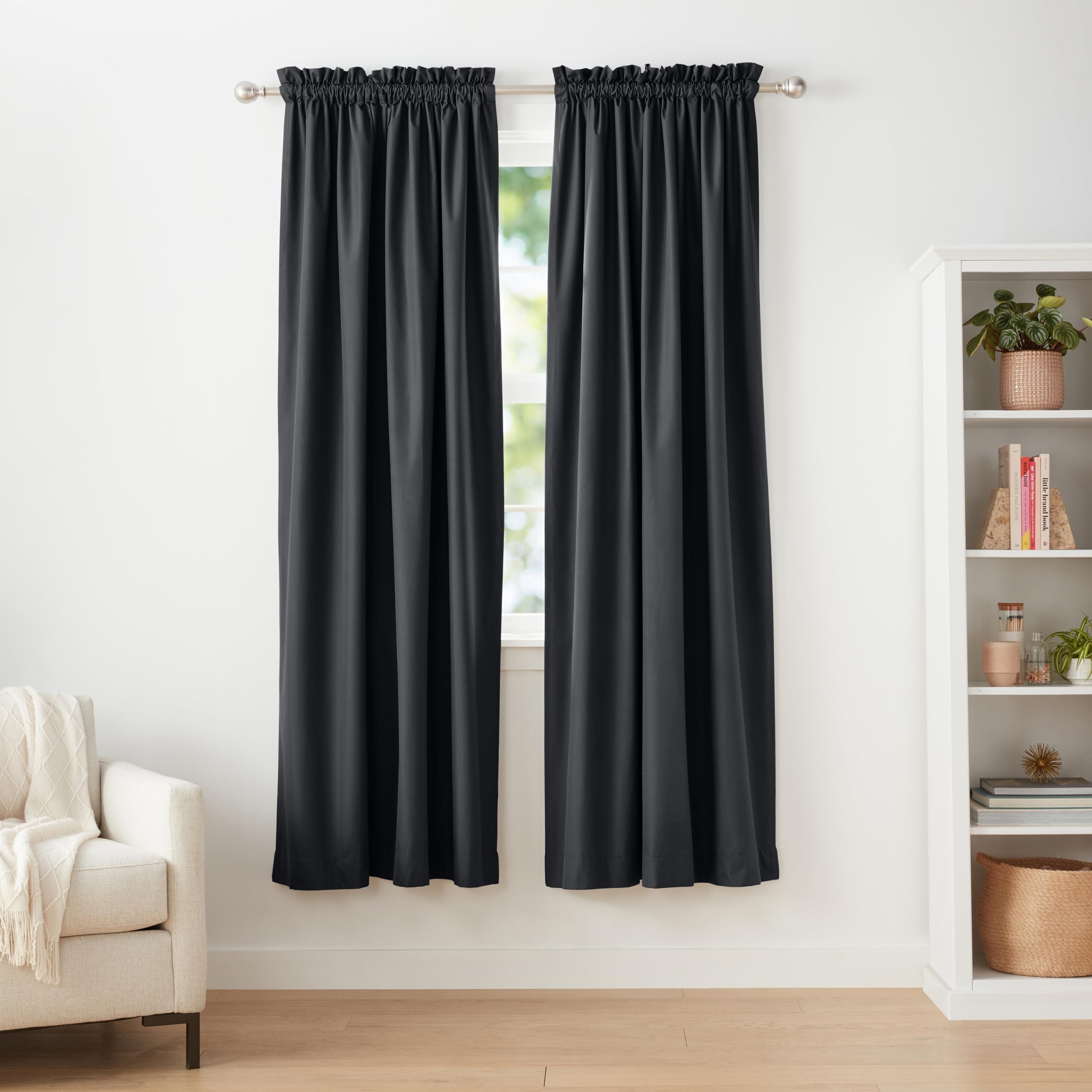 Amazon Basics Room Darkening Blackout Window Curtain with Rod Pocket and Tie Back, 52 x 84 Inches, Black - Set of 2