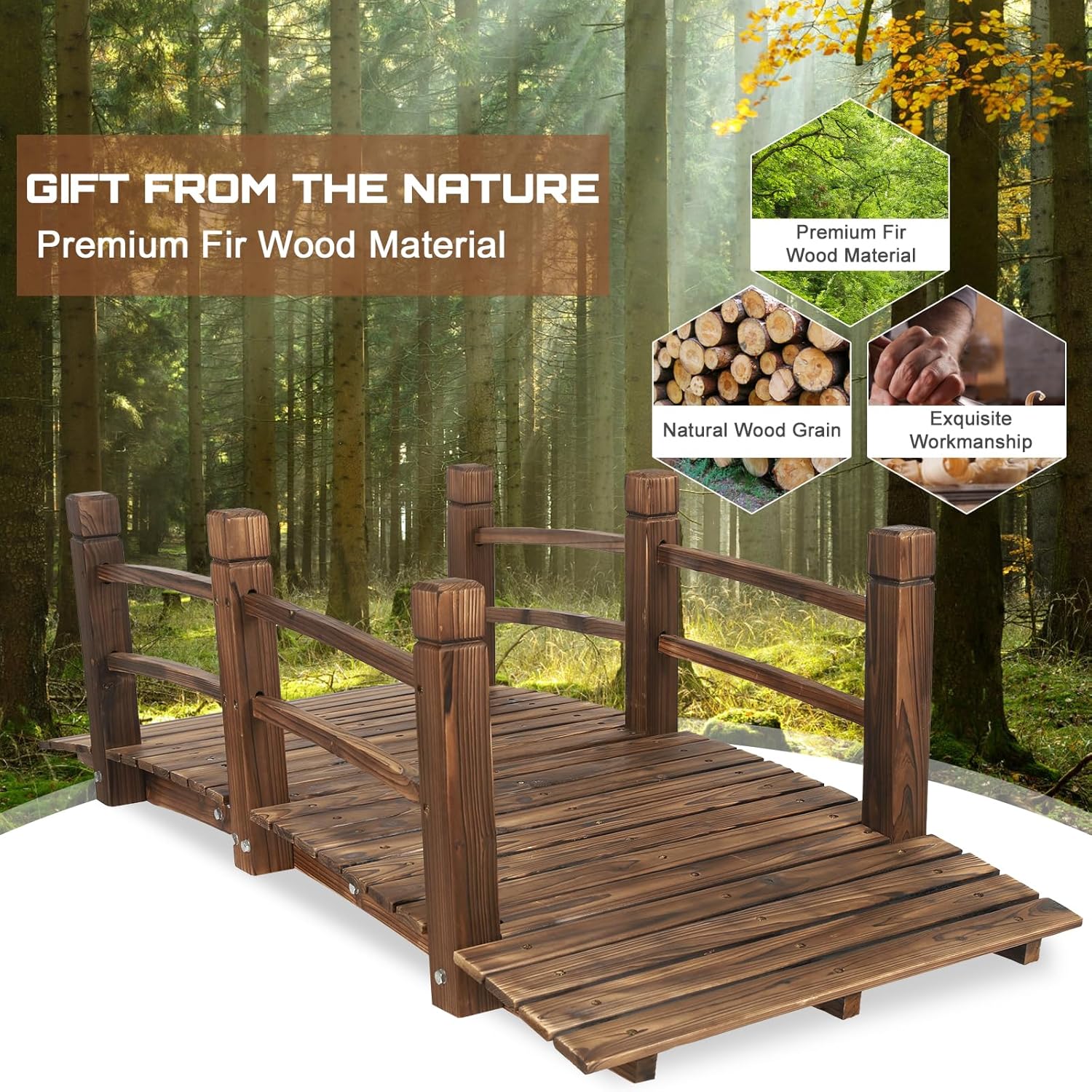 HOMEDIARY 5 FT Fir Wood Garden Bridge, Outdoor Stained Wood Arc Footbridge Walkway with Double Safety Railings, 550 lbs Capacity,Decorative Pond Bridge for Backyard Farm Garden Creek Pond Decor, Brown