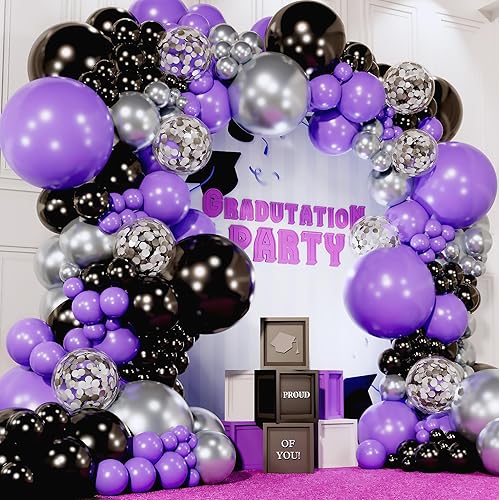 Miniatura 5 de Kit de guirnalda y arco de globos morados y negros todo en 1, globos pequeños y grandes, morado, negro y plateado, decoraciones de fiesta y