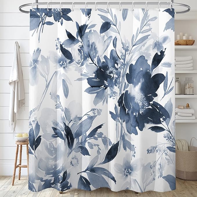 Decoreagy Navy Blue Floral Shower Curtain,Watercolor White