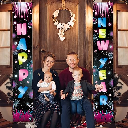 Miniatura 2 de KatchOn, Cartel de feliz año nuevo para puerta, 72 x 12 pulgadas, colorido cartel de feliz año nuevo, suministros de fiesta de Año Nuevo de neón
