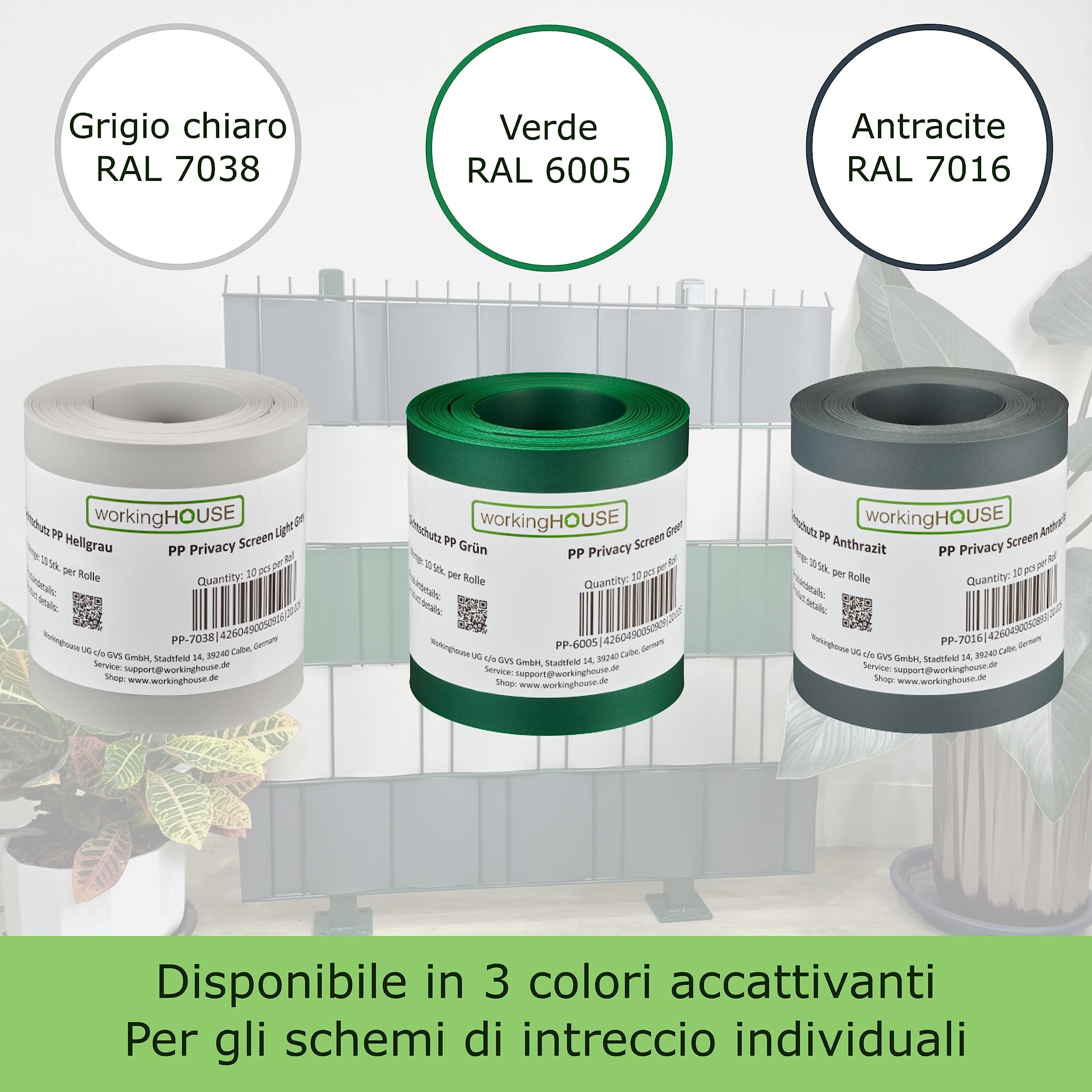 Strisce privacy in PP di Workinghouse spessore 1,1 mm - Resistenti alle intemperie, senza manutenzione, indeformabili - 10 strisce di 2,55 m di lunghezza x 19 cm di altezza (Grigio chiaro)