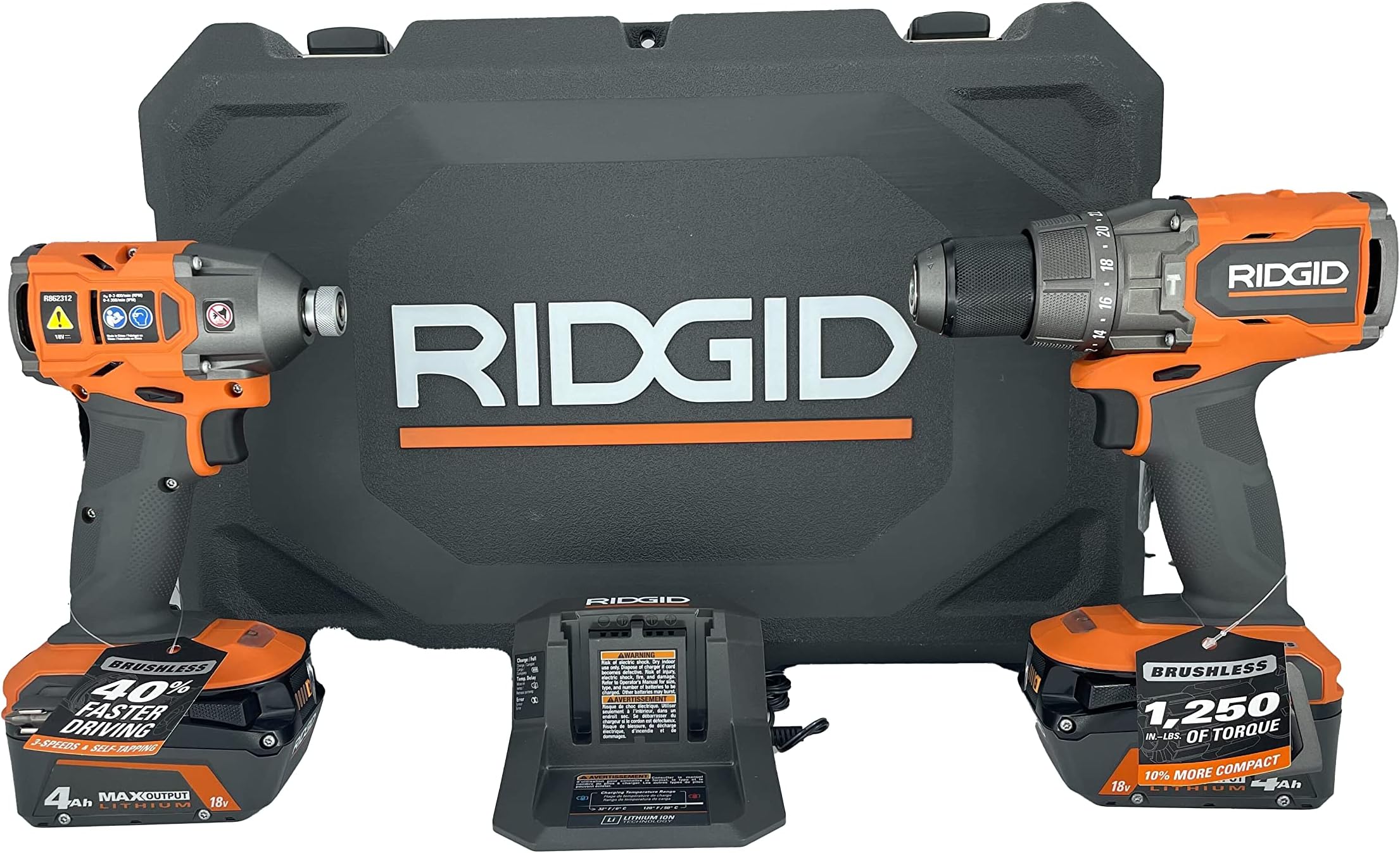 RIDGID 18V Brushless Hammer Drill and Impact Kit with (2) 4.0 Ah MAX OUTPUT Batteries and Charger (R92081)