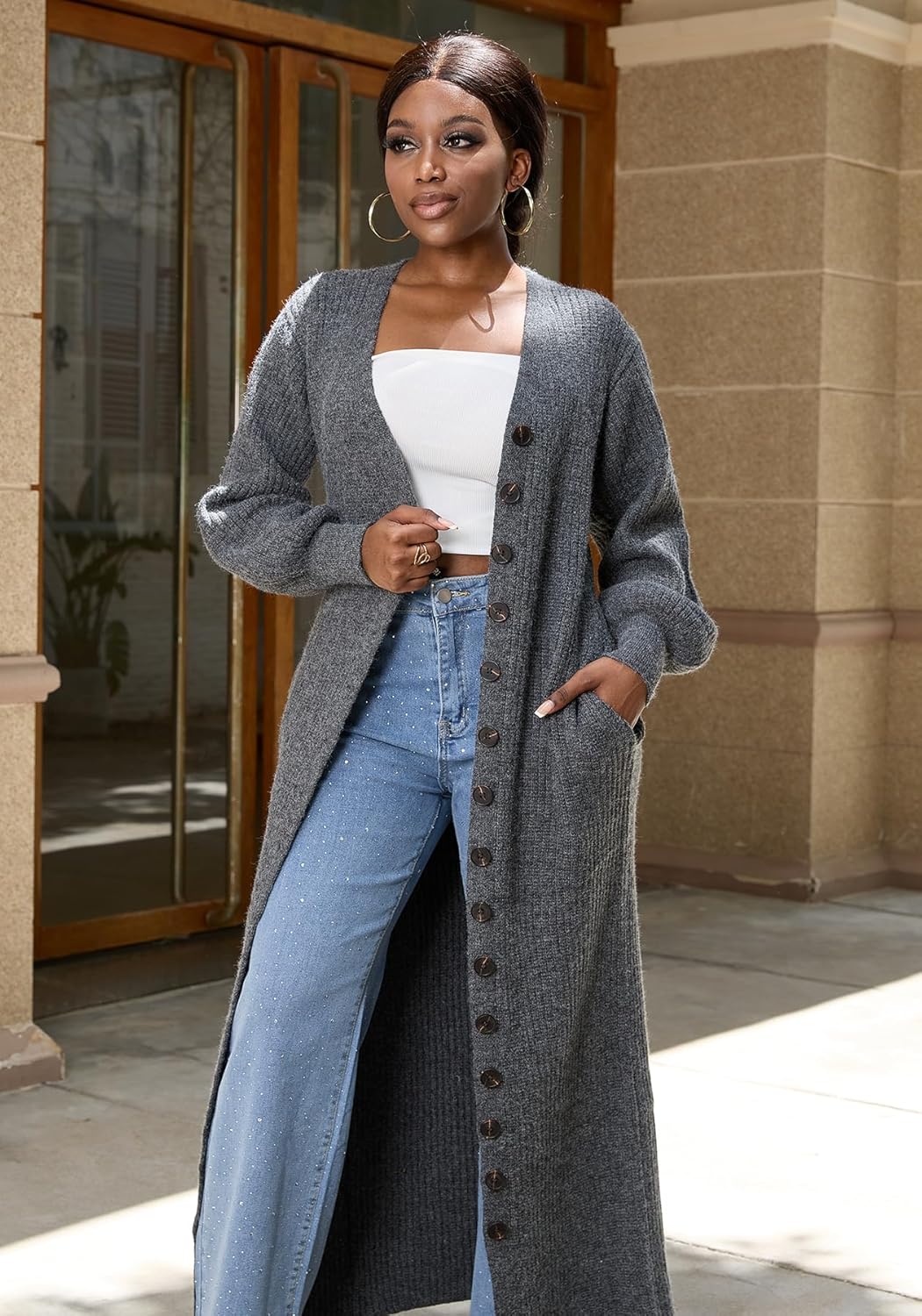 LETSVDO Long Cardigan for Women Lantern Sleeve Cable Knit Sweater Maxi Dress Chunky Button Up Duster Cardigans Outwear - Image 3