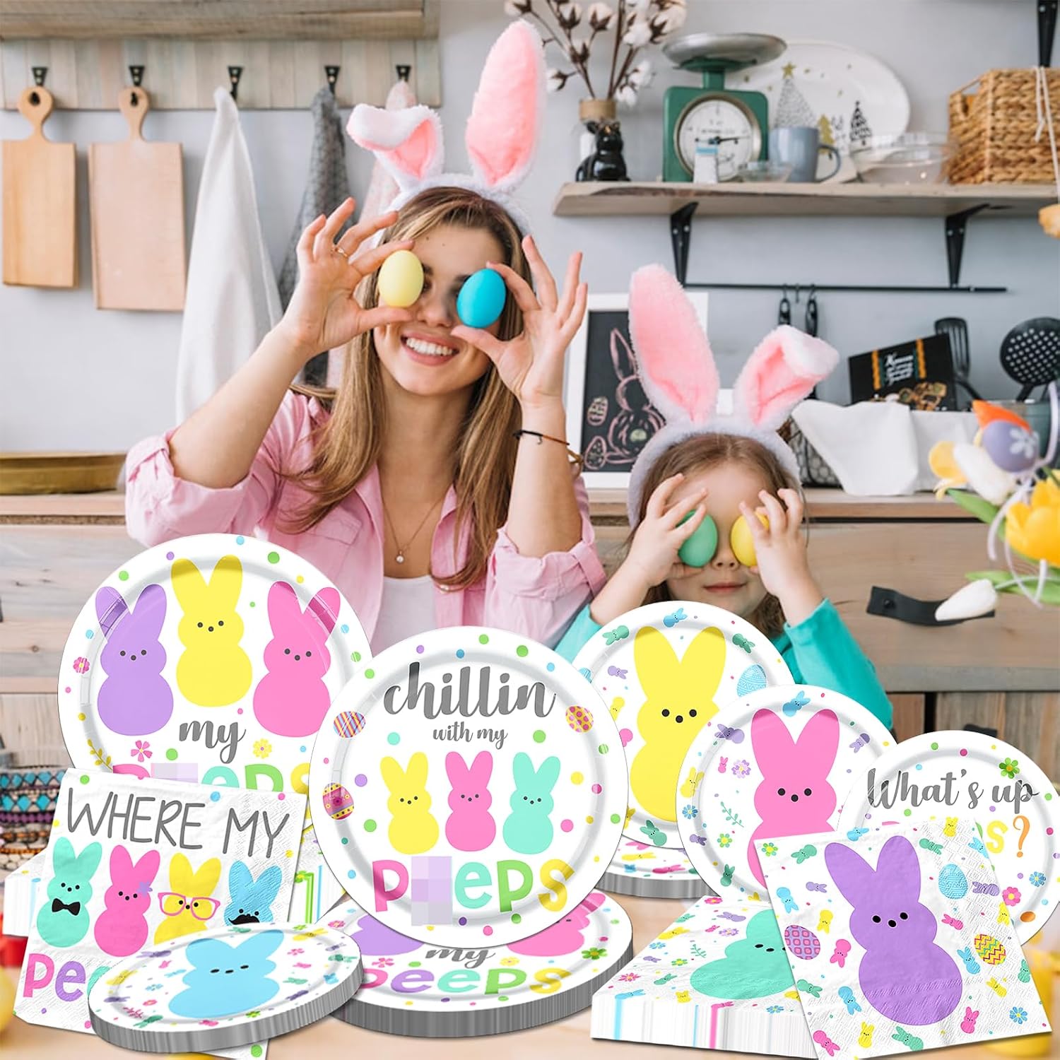 Easter Party Tableware, Easter Party Plates and Napkins Supplies Happy Chillin with My Bunny Dinnerware for Spring Welcome Bunny Supplies
