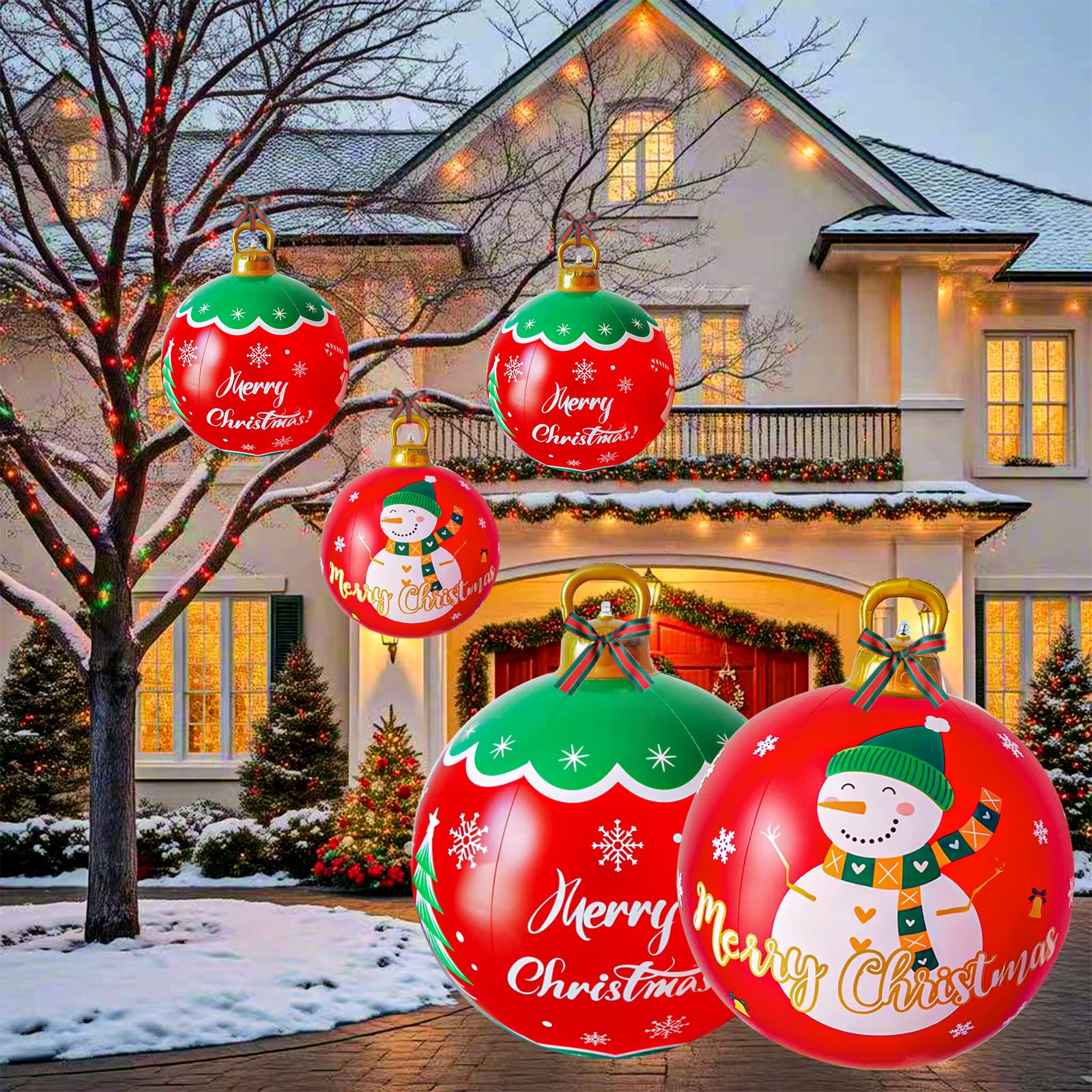 2Pcs 24 Inch PVC Inflatable Giant Christmas Ornaments Balls with Ribbon and Stake, Outdoor/Indoor Christmas Decoration for Tree & Garden (Green)