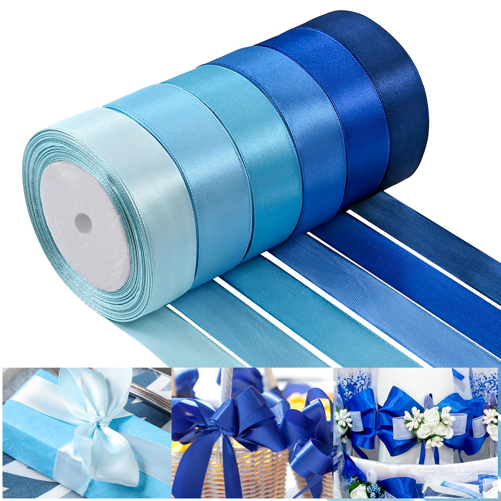 NACHLYNN 150 Yards Rainbow Satin Ribbon Wide Polyester Fabric Ribbon Use for Gift Wrap Wedding Bridal Baby Shower Bows Decor Flower Bouquet Crafts (Blue, 1 inch)