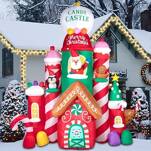 Miniatura 6 de Nervure Castillo de Navidad inflable de 10 pies – Castillo inflable de Navidad, dulces, Papá Noel, reno, pingüino de pan de jengibre con luces LED