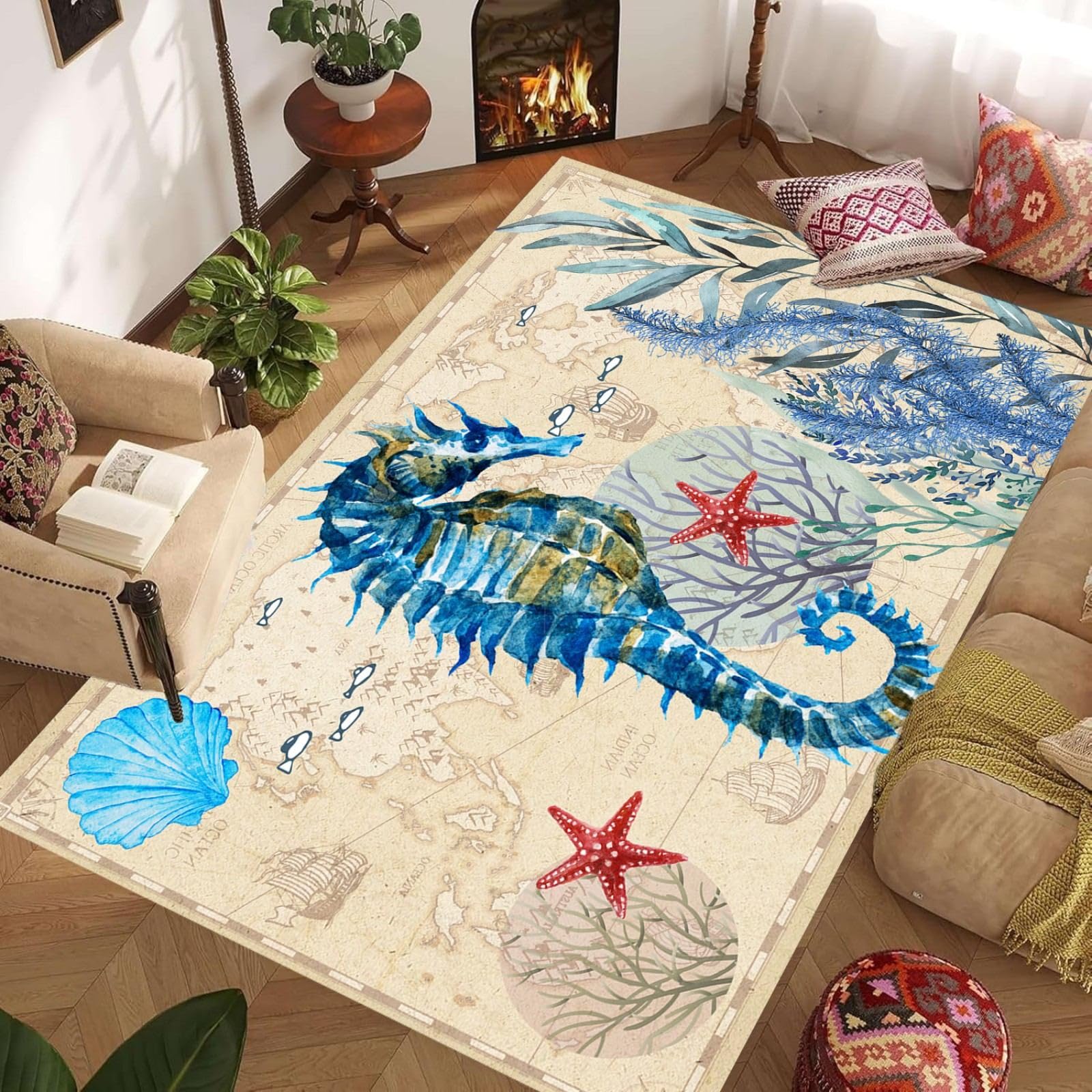 ZLXMN Nautical Map Blue Seahorse Area Rug,180x260cm,Large Underwater World Living Room Decor Ocean Animal Print Non-Slip Rugs for Living Room, Bedroom Washable Beach Bathroom Rugs โ image 1