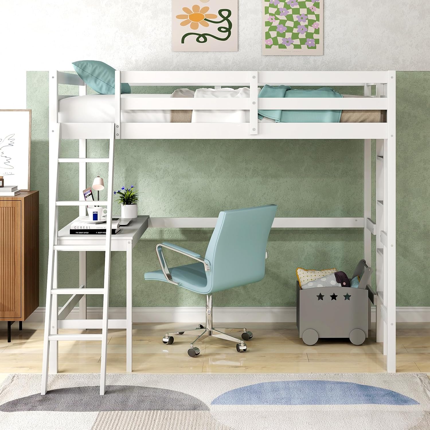 KOTEK Twin Loft Bed with Desk, Solid Wood Loft Bed Frame with 2 Ladders & Safety Guardrail, Modern Space-Saving Loft Bed for Kids Teenagers, No Box Spring Needed (White)