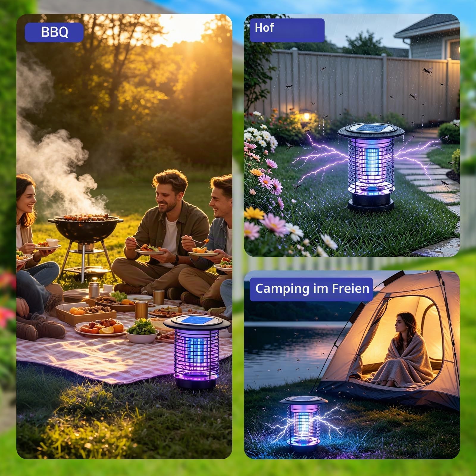 Solar Mückenlampe 2-in-1 – 3500V Hochspannung, 4400mAh Akku, 150㎡ Abdeckung – IPX5 Wassergeschützt & UV-Licht – Effektiver Insektenvernichter mit Gartenbeleuchtung – Für Terrasse, Garten, Camping