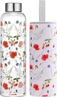 1 liter Glasflasche Trinkflasche Glas Sport Borosilikat Glass Bottle Wasser Flasche mit Neopren-Hülle mit Auslaufsichere Abdeckung