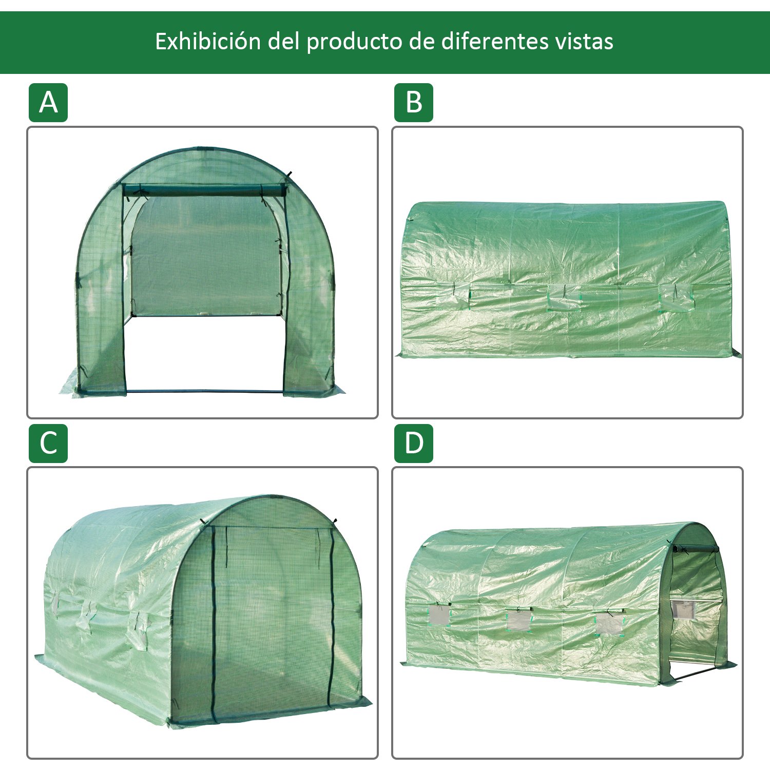 Outsunny Invernadero de Jardín Huerto Tipo Túnel 6 Ventanas Cultivos Plantas y Verduras Cubierta PE 140g/㎡ Impermeable 4x2x1.9m Acero